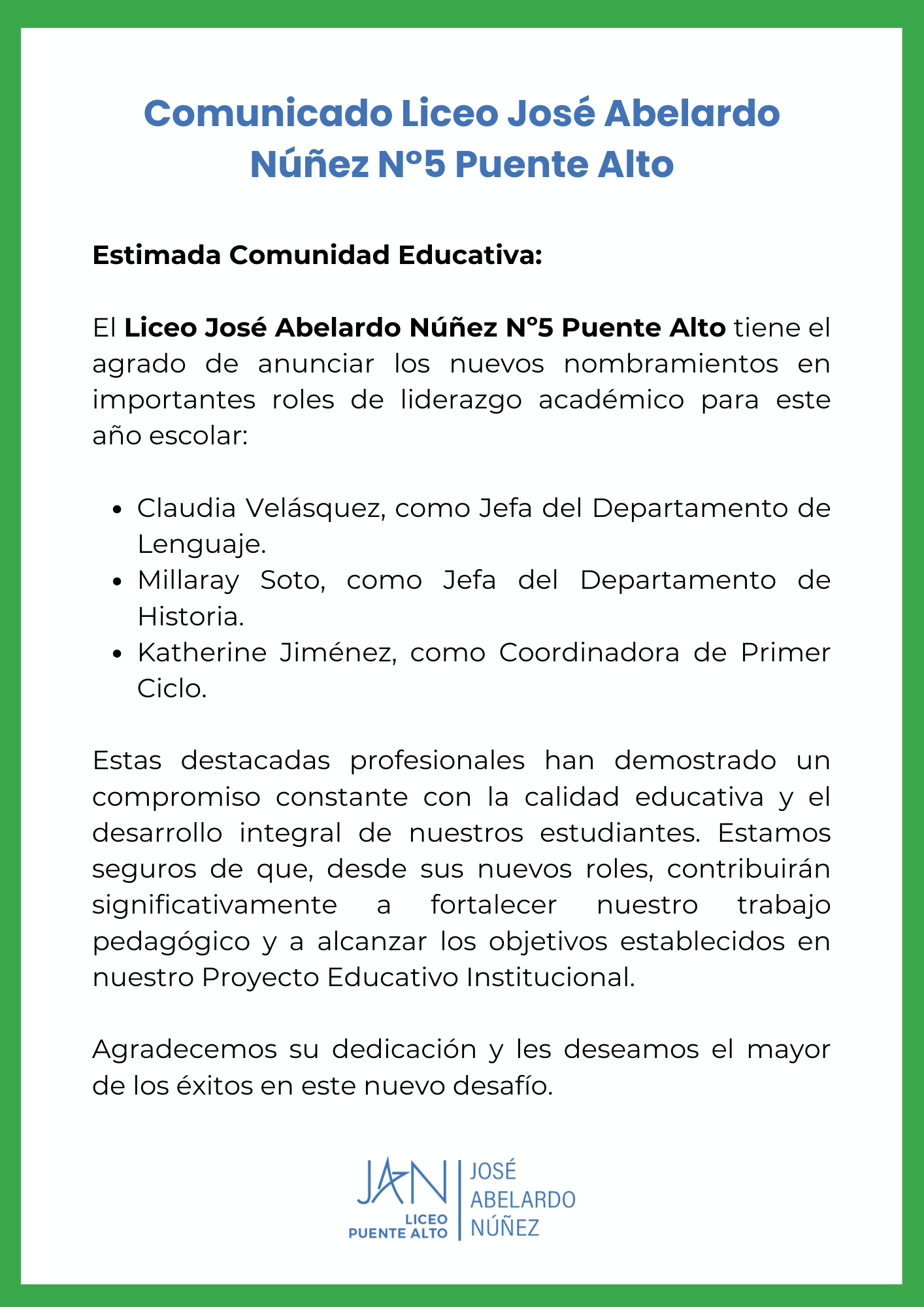 Comunicado Liceo JAN 5 Puente Alto - Enero 2025